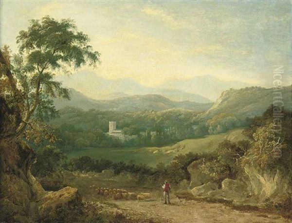 A Mountainous Landscape Near Porthmadog, With A Shepherd, His Flock And A Collie In A Lane, A Traveller In The Distance, Cows In A Dale And A Village... Oil Painting by George Barret