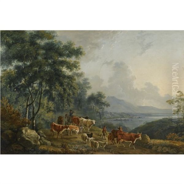 Landscape With Livestock And Herdsmen By A Lake Oil Painting by George Barret