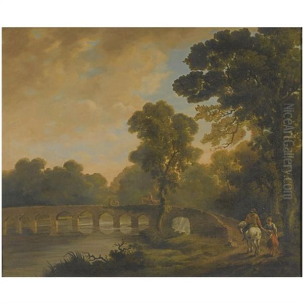 Travellers On A Bridge, In A River Landscape Oil Painting by George Barret