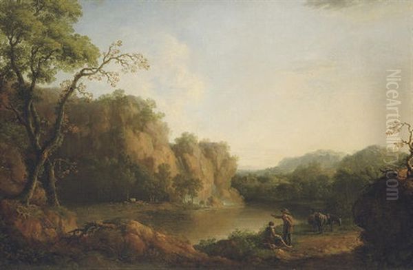 A Rocky Wooded River Landscape With A Waterfall And Figures And Cattle On The Banks Oil Painting by George Barret