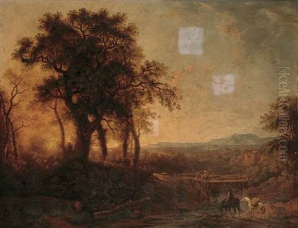 River Landscape With A Traveler Watering His Horse And Figures Crossing A Bridge In The Foreground, A Mountain Range Beyond Oil Painting by George Barret