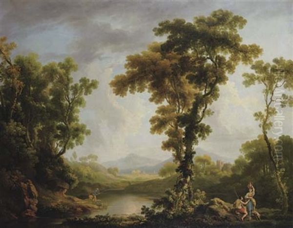 A Classical Wooded River Landscape With Figures Bathing And Fishing On The River And A Herdsman With A Woman Carrying An Urn, A Ruined Castle In The Distance With Mountains Beyond Oil Painting by George Barret