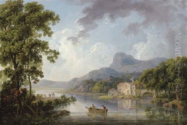 Mountainous Lough Landscape With Anglers And A House By A Bridge Oil Painting by George Barret