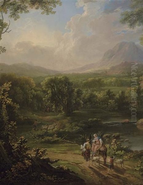 Mountainous Wooded River Landscape, With Figures And Goats On A Track In The Foreground, And A Mill Beyond by George Barret