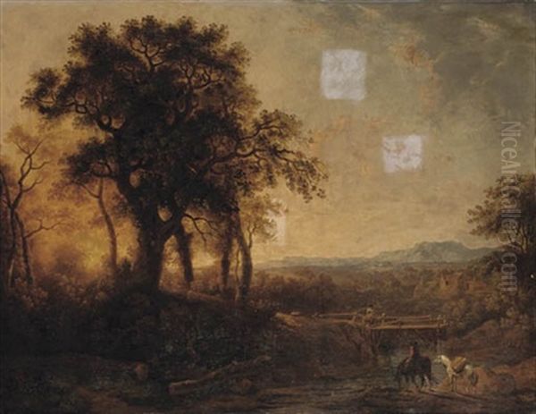 River Landscape With A Traveller Watering His Horse And Figures Crossing A Bridge In The Foreground, A Mountain Range Beyond Oil Painting by George Barret