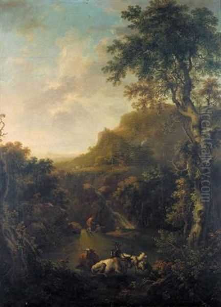 An Extensive Landscape With Cattle In The Foreground And Drovers Resting Beyond Oil Painting by George Barret