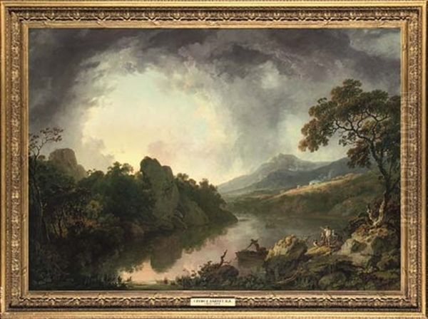 An Extensive Wooded River Landscape With Fishermen Hauling In Their Nets In The Foreground Oil Painting by George Barret