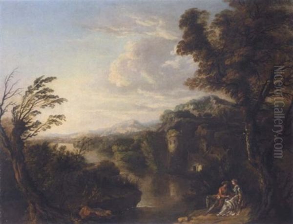 Lovers Reclining Under A Tree In An Extensive River Landscape by George Barret