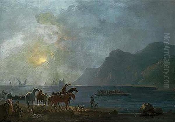 View Of Llanberis Lake, North Wales With Dolbardan Castle Beyond, Figures On The Shore Oil Painting by George Barret