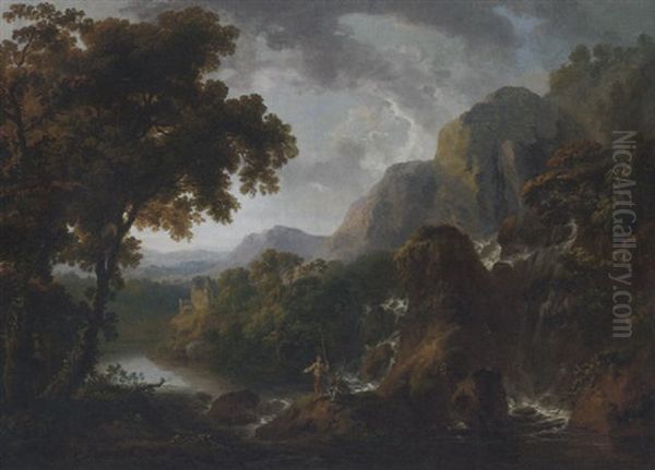 A Wooded Mountainous River Landscape With Anglers By A Waterfall In The Foreground, A Ruined Tower House In The Distance Oil Painting by George Barret