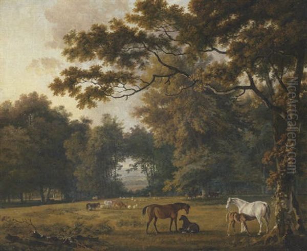 Mares And Foals, Cattle And Sheep In Parkland Oil Painting by George Barret