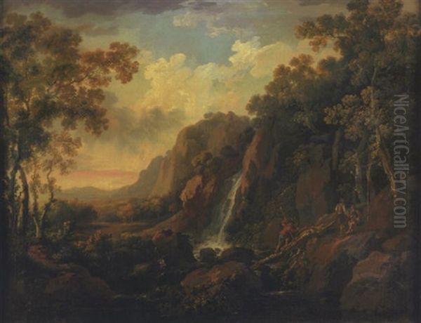 A Wooded Mountainous River Landscape With A Waterfall With Two Figures Preparing To Fish And Another Crossing The River Across A Fallen Tree In The Foreground Oil Painting by George Barret