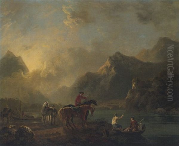 View Of Dolbadarn Castle, Llanberis, North Wales, With Two Figures And Horses Beside A River And A Sportsman In A Boat Oil Painting by George Barret