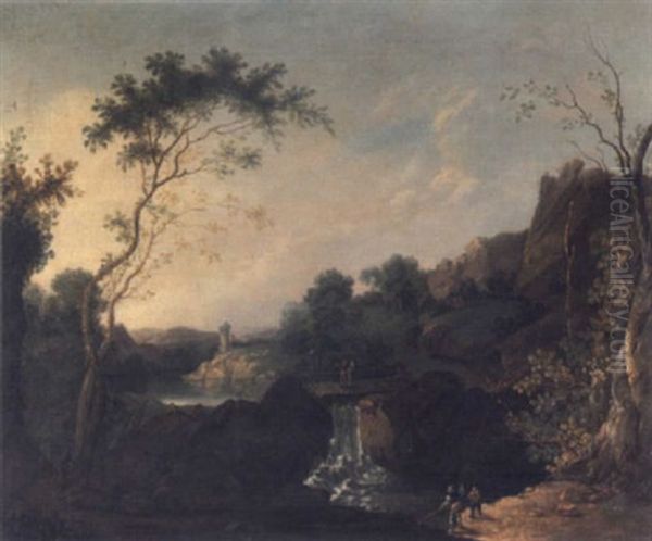 A Rocky River Landscape With Fishermen In The Foreground, An Artist Sketching On The Bank And Figures On A Bridge Above A Waterfall Beyond Oil Painting by George Barret