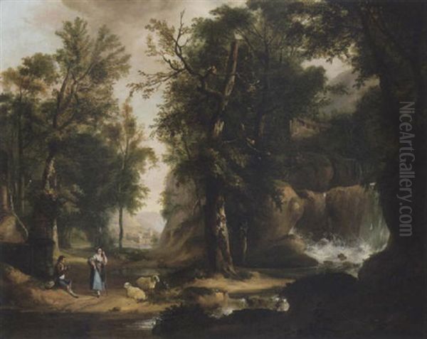 Landscape With Rustics And Sheep By A Waterfall Oil Painting by George Barret