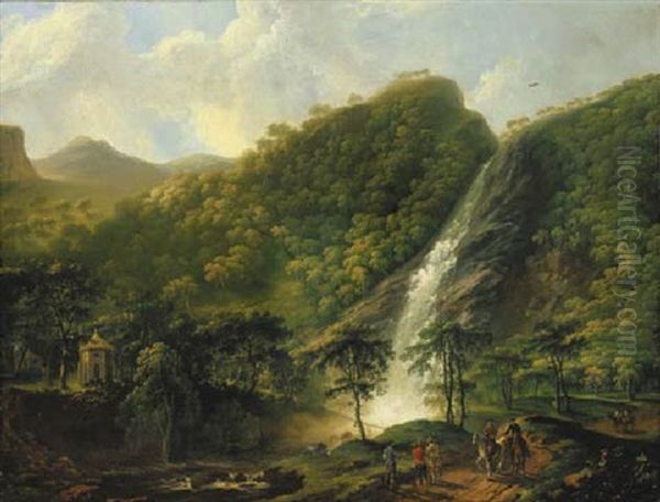 View Of Powerscourt Waterfall, With The Octagonal Summerhouse, And Figures And Horses In The Foreground Oil Painting by George Barret