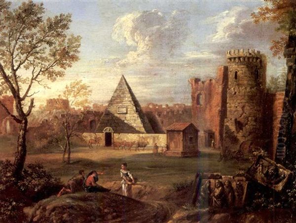 Peasants Resting Outside The Walls Of Rome With The Pyramid Of Gaius Cestius And The Porta San Paolo Oil Painting by George Barret