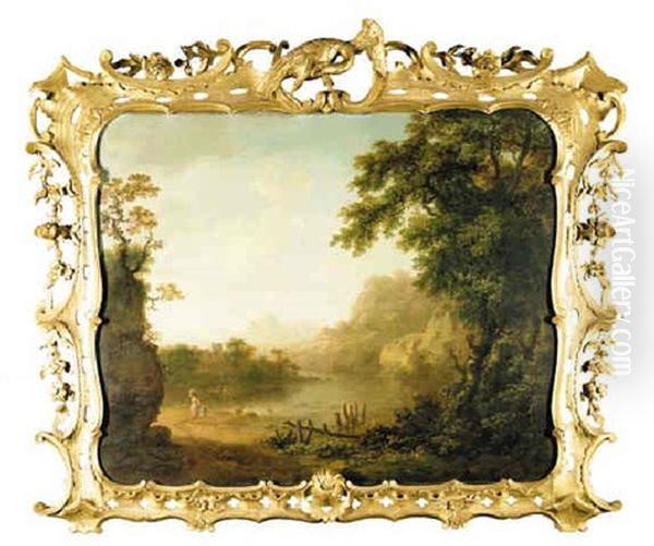 An Italianate Wooded River Landscape With Figures In The Foreground And A Village Beyond Oil Painting by George Barret