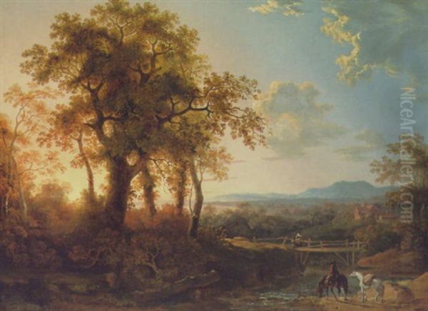 An Extensive Wooded Rover Landscape, With A Traveller On Horseback Oil Painting by George Barret