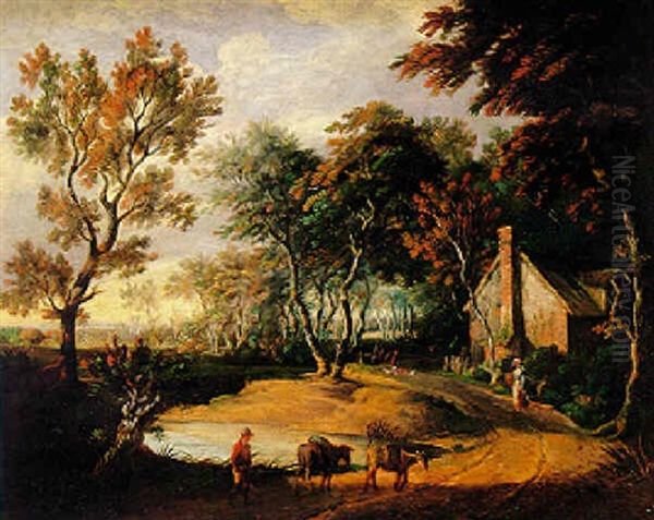 Figures And Mules By A Rural Cottage Oil Painting by George Barret