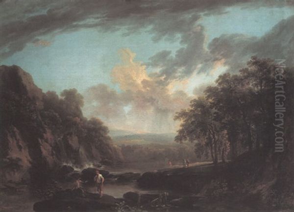 Italianate Landscape With Figures By A River Oil Painting by George Barret