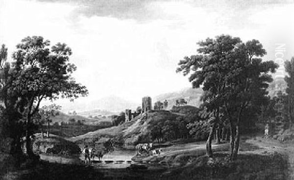 Extensive Landscape With Animals Fording A Stream, Castle Beyond Oil Painting by George Barret