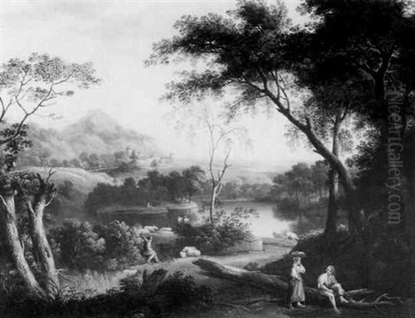 A Pastoral Scene With Figures In An Italianate Landscape Oil Painting by George Barret