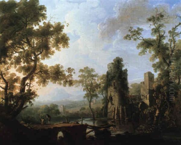 A Wooded River Landscape With Anglers And A Ruined Mill Oil Painting by George Barret