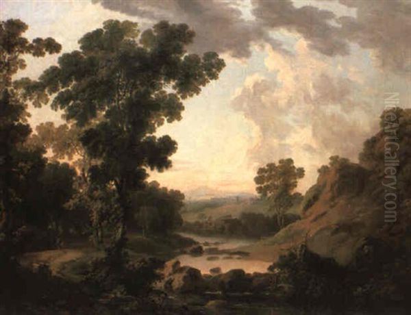 Figures And A Donkey On A Path In A Wooded River Landscape Oil Painting by George Barret