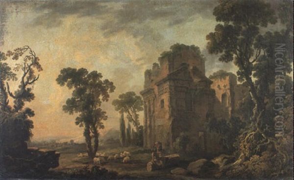 Landscape With Classical Ruins And Shepherds Oil Painting by George Barret