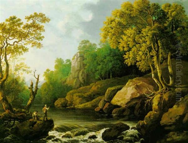 River Landscape With Figures Fishing, Possibly On The Dargle Oil Painting by George Barret