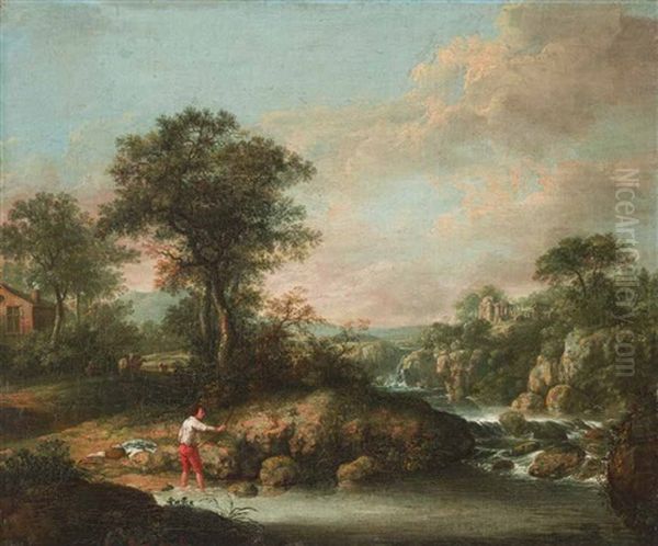 Angler An Einem Wildbach Oil Painting by James Barret