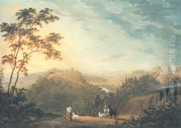 Extensive Landscape With Rustics And A Distant View Of A House Oil Painting by James Barret