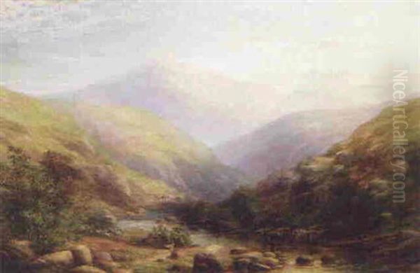 Cattle Watering In A Mountainous Landscape Oil Painting by James Barret