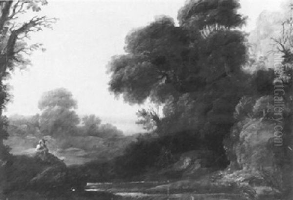 A Wooded River Landscape With A Shepherd On A Bank Oil Painting by James Barret