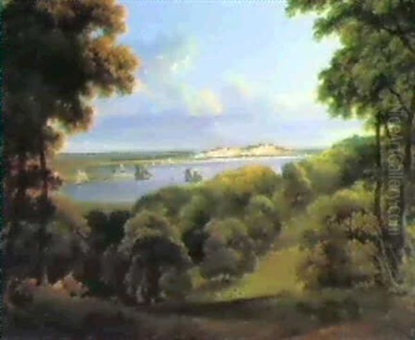 A View Of Belvedere, The Seat Of Lord Eardley, Kent, With   Shipping On The Estuary, And A Shepherd In The Foreground Oil Painting by James Barret