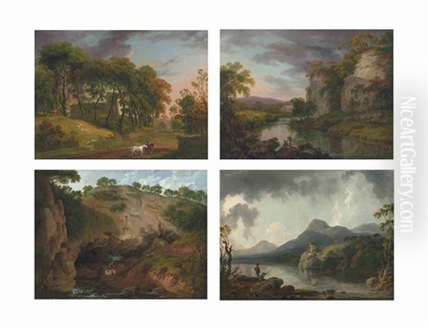 View Of Tissington Church, Derbyshire; View In The Peak District; View Of Peak Cavern, Derbyshire And View Of Llanberis, North Wales (set Of 4 Works) Oil Painting by George Barrett Jr.