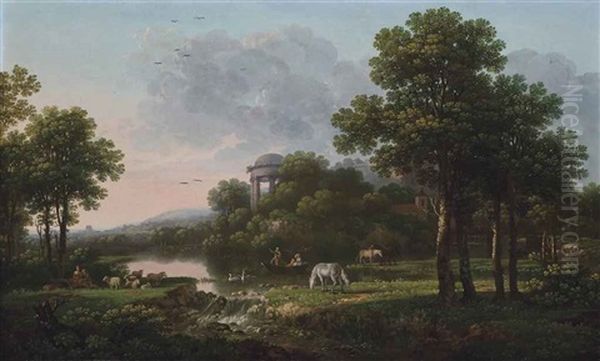 A Wooded Landscape With Amorous Couples Beside A River Oil Painting by George Barrett Jr.