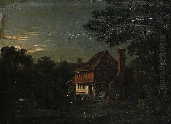 Houses In A Moonlit Landscape Oil Painting by George Barrett Jr.