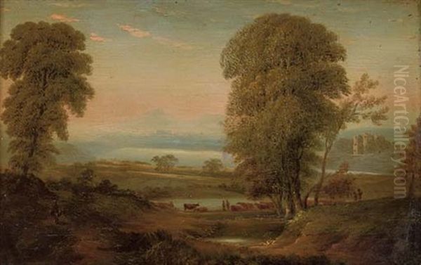 A View In County Wicklow With Figures And Cattle In The Foreground And A Ruin To The Right Oil Painting by George Barrett Jr.