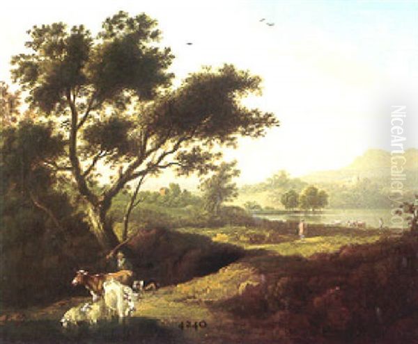 A Landscape With A Gentleman On A Path And A Cowherd With Cattle Oil Painting by George Barrett Jr.