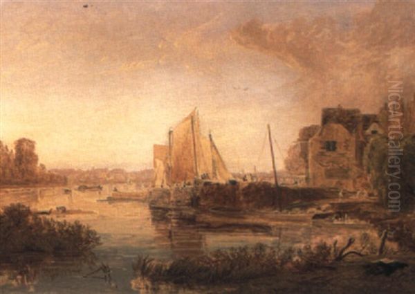 A Wooded River Landscape With Barges By A Quay Oil Painting by George Barrett Jr.