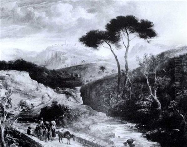 Peasants Crossing A Bridge In A Mountainous Landscape With  A City In The Background Oil Painting by George Barrett Jr.