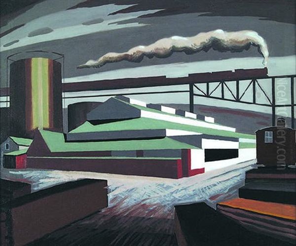 Gas Works And Railroad Bridge, Poughkeepsie, New York, 1930-35 Oil Painting by Thomas Weeks Barrett