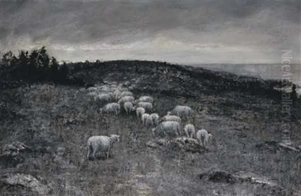 Sheep Grazing In The Countryside Oil Painting by William Sterna Barrett