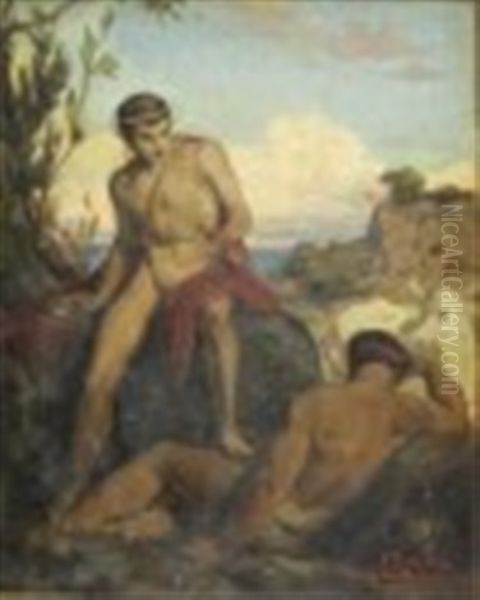 Scene With Male Nudes In Landscape Oil Painting by Felix Joseph Barrias