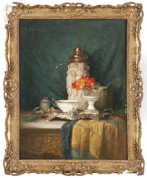 Still Life With Porcelain And Flowers by Gustave Barrier