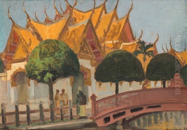 Wat Benchamabophit Temple, Bangkok Oil Painting by George Barriere