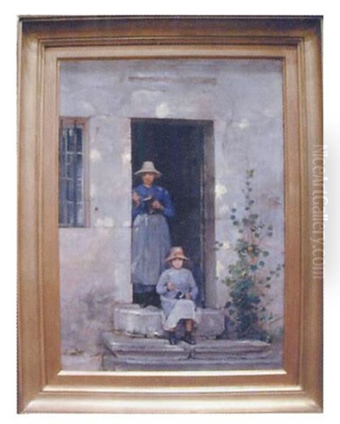 Mere Et Sa Fille Sur Le Pas De La Porte Oil Painting by Claude Barriot