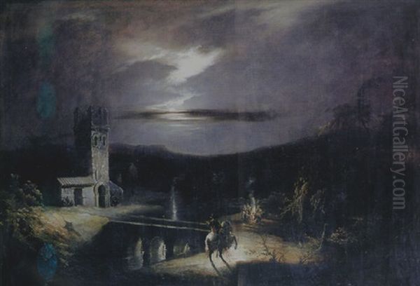 Paisaje Nocturno Con Bandoleros Acampados Junto A Una Ermita Oil Painting by Manuel Barron y Carrillo